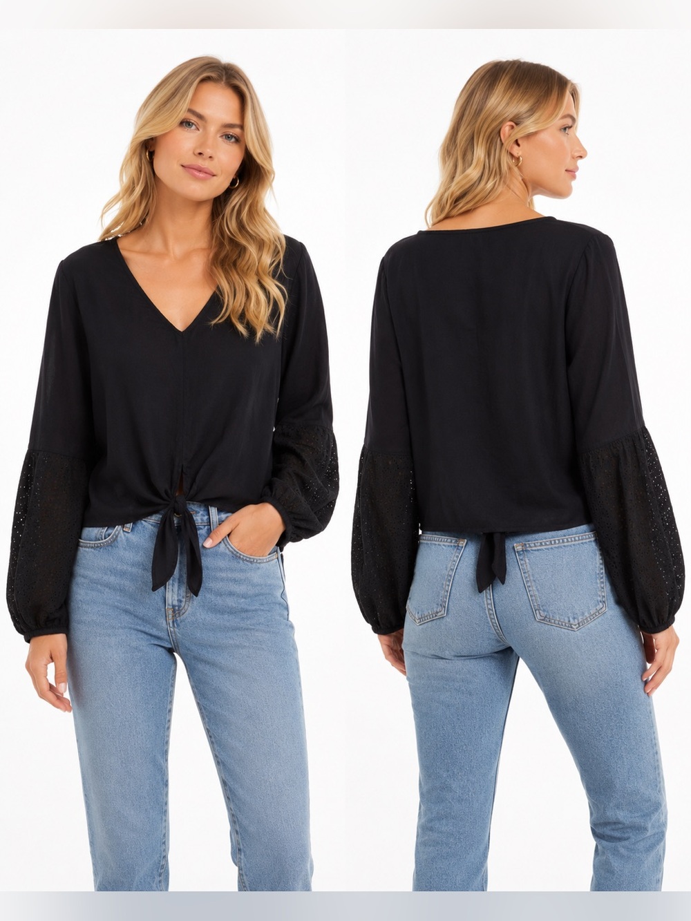 Wrangler Retro Size Small Eyelet Puff Sleeve Women's Black Tie-Front V-Neck Top